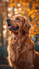 Obraz premium Golden retriever looking up with a soft golden coat. AI.