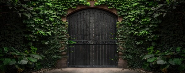 Fototapeta premium A large black door with vines growing up the sides. The door is surrounded by a lush green garden