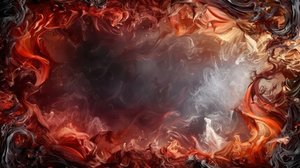 A red and black abstract painting with a dark background. The painting is full of swirls and has a mysterious, almost otherworldly feel to it