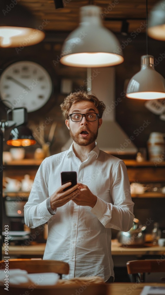 Wall mural A man looks at his phone with a surprised expression. AI.