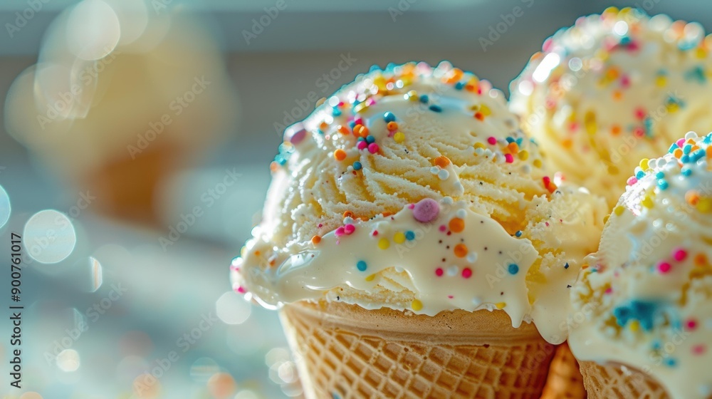 Wall mural A close-up of ice cream cones with sprinkles. AI.