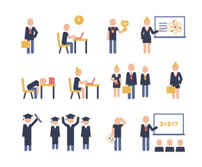 Set of colored pictograms education concept. Characters of teacher, lecturer, lecture, learning. Flat design for web pages.