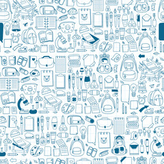 Seamless pattern back to school. Stationery, school accessories, and art supplies, books, notebooks and pencils on white checkered background. Vector illustration in hand doodle style.
