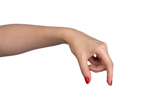 A hand using two fingers thumb and index finger to measure or show the size of an invisible object. The gesture is performed by a woman with a well-manicured manicure, set against., transparent PNG