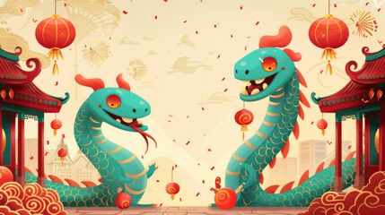 Twin Dragons and Lanterns in Chinese Celebration