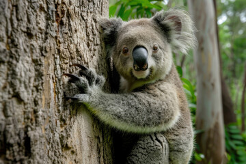 Naklejka premium A playful koala clings to a tree, looking at the camera.