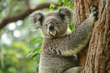 Obraz premium A playful koala clings to a tree, looking at the camera.