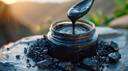 A detailed close-up shot of an open black jar of liquid Shilajit with a spoon, set on a rocky surface with sunlight and greenery in the background.