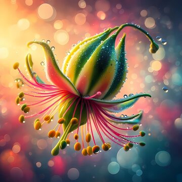 A close up of a Alcaparra, (Capparis spinosa) on a multicolor water blur background, created with A.I tools, Generative