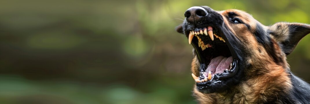 Aggressive dog get angry and bares his teeth. Dog shows dangerous teeth and ready to attack. Rabies vaccination and prevention, immunization and treatment of infection. Homeless animal concept 