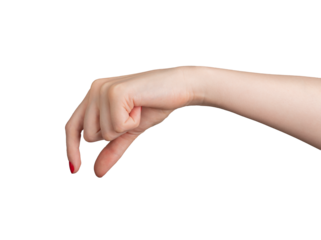 A hand using two fingers to hold and measure an invisible, small object. The gesture is isolated on a white background, with a focus on the elegant red polish of the nails. The., transparent PNG