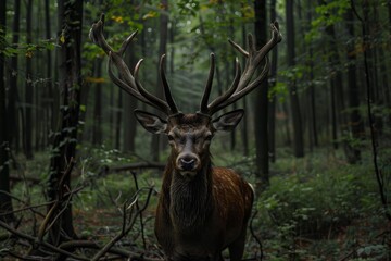 Fototapeta premium Noble deer with impressive antlers stands alert in a serene, foggy woodland