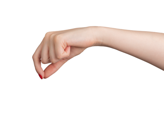 A hand with fingers pinching a small, invisible object. The gesture, made by a woman with elegant red nail polish, is isolated on a white background. The close-up highlights the., transparent PNG