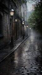Fototapeta premium A dark alleyway with a wet cobblestone road. The street lamps are lit up, creating a moody atmosphere