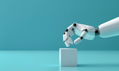 Naklejka premium 3D rendering of a robot hand placing a white cube on a blue background, in the concept of AI.