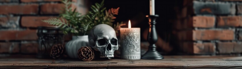A skull is sitting on a table next to a candle and a vase. The scene has a spooky and eerie mood