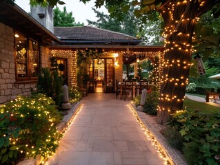 A house with a walkway lit up with Christmas lights. The walkway leads to a patio with a dining table and chairs