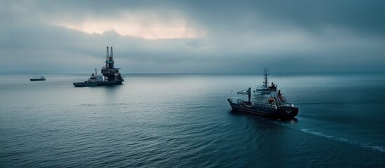 Obraz premium Ships Navigating Open Ocean Under Cloudy Skies