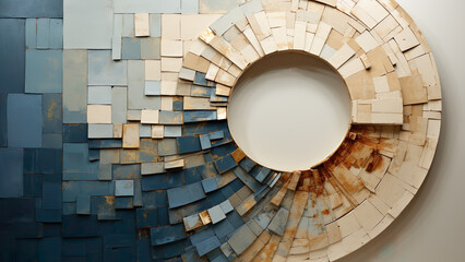 Wall Circle Teal and Beige - abstract, art, geometric, circular, modern, contemporary, blue, beige, texture, wooden, mosaic, design, pattern, artwork, artistic,