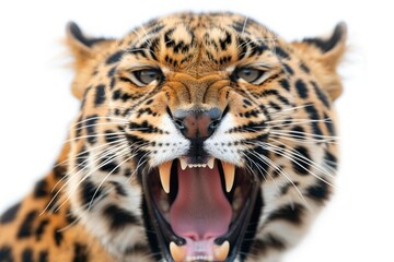 Fototapeta premium Close-up portrait of a fierce leopard with detailed fur patterns, intense expression, and a white background