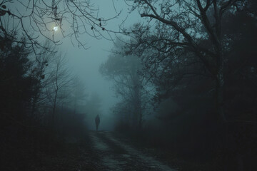 Fototapeta premium Lonely man is walking down a path in a dark forest at night, surrounded by fog and bare trees, creating a spooky and mysterious atmosphere