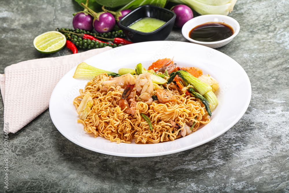 Poster asian cuisine - fried noodles with seafood