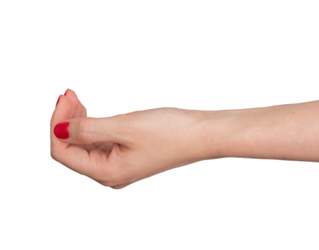 Cupped hand with palm up, symbolizing charity and help. Young woman’s hand, with red manicure, outstretched to offer or receive. Isolated on white background, closeup showing a., transparent PNG
