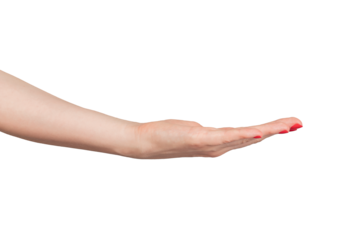 Outstretched hand with an empty palm, symbolizing charity and support. Elegant gesture, isolated on white background, with red manicure and beautiful, delicate design. of a hand., transparent PNG