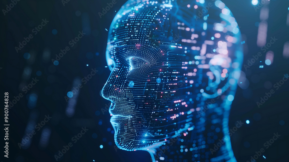Aufkleber a digital human head with code lines in blue digital cyber hacker. facial holographic projection tec