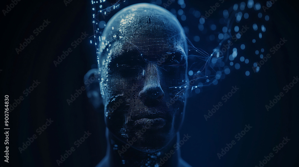 Poster a digital human head with code lines in blue digital cyber hacker. facial holographic projection tec