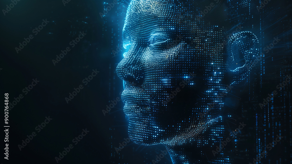Poster a digital human head with code lines in blue digital cyber hacker. facial holographic projection tec