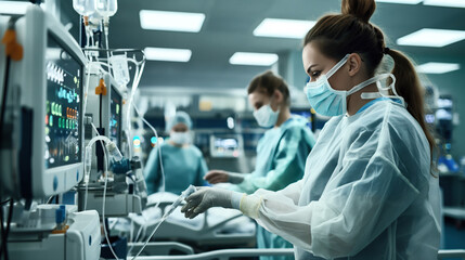 Medical personnel in surgical gowns and masks working in an operating room with advanced medical equipment and monitors.