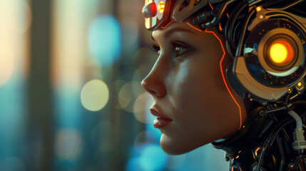 Close-up of a young woman's face passing through a virtual scanner screen for personal identification. Cybersecurity. Abstract background.