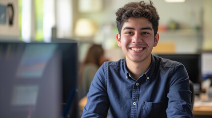 Obraz premium Young Man Smiling While Sitting at Desk in Modern Office Environment During Daylight Hours