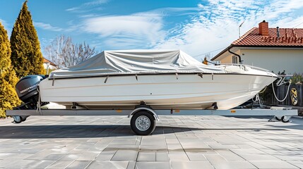 Big modern inflatable motorboat ship covered with grey or white protection tarp standing on steel semi trailer at home backyard on bright sunny day with blue sky on background. Boat vessel storage