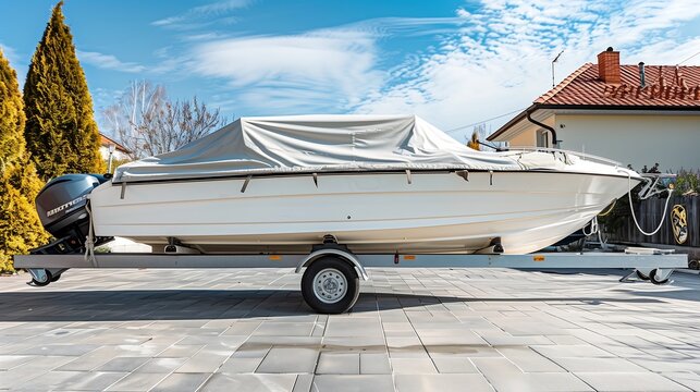 Big modern inflatable motorboat ship covered with grey or white protection tarp standing on steel semi trailer at home backyard on bright sunny day with blue sky on background. Boat vessel storage