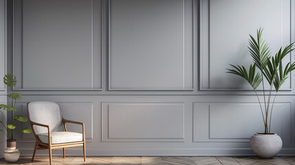 A room with a white chair and a plant in a vase