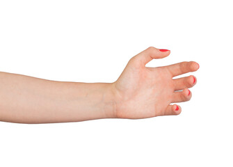 hand and arm gesture for holding or presenting an invisible object or product. The hand is open and...