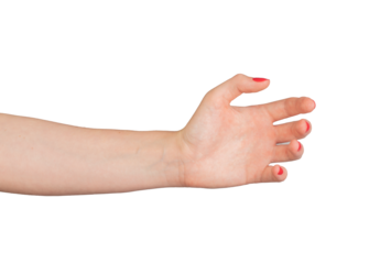 hand and arm gesture for holding or presenting an invisible object or product. The hand is open and outstretched, with red nail polish and a delicate manicure, positioned in a., transparent PNG