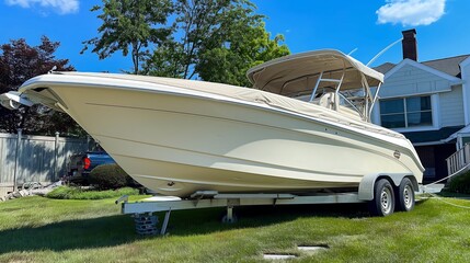 Big modern inflatable motorboat ship covered with grey or white protection tarp standing on steel semi trailer at home backyard on bright sunny day with blue sky on background. Boat vessel storage