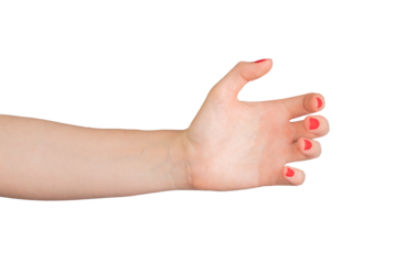 hand and arm gesture designed to hold or present an invisible object or product. The hand is in a palmar view, open and outstretched, with a red manicure and elegant fingernails.., transparent PNG