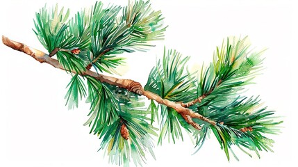 watercolor fir tree branches on white background