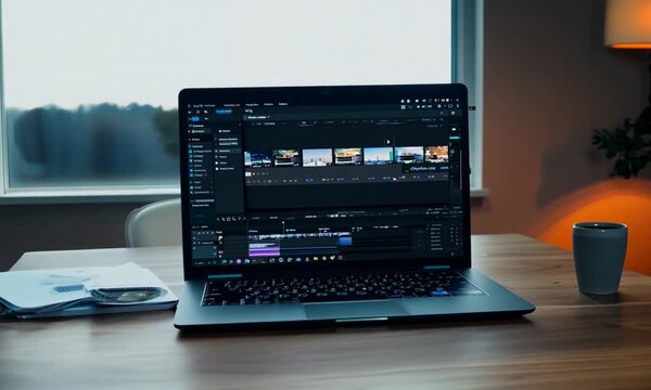 View of a laptop screen running video editing software, sitting on a table in a spacious, modern office or room.