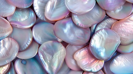   A close-up of a variety of abalone shells in shades of pastel blue, pink, purple, and white
