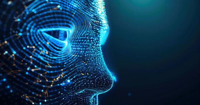 Representation of AI identity and ethics through abstract face with digital fingerprint. AI ethics