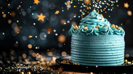   Blue cake on black plate with blue frosting and gold sprinkles