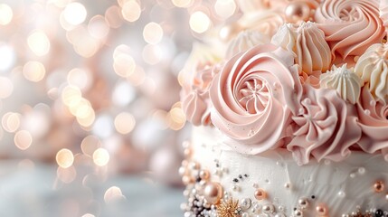   Close-up of a cake adorned with pink and white frosting flowers, set on a table under a book of light