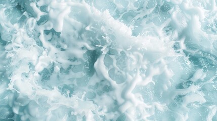 The image is of a large wave with foam and bubbles. The foam is white and the bubbles are small and scattered throughout the wave. Scene is calm and peaceful, as the foam