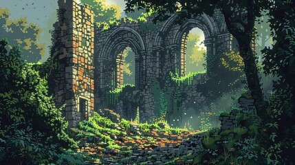 Pixel art castle ruins, overgrown vegetation, historical mystery