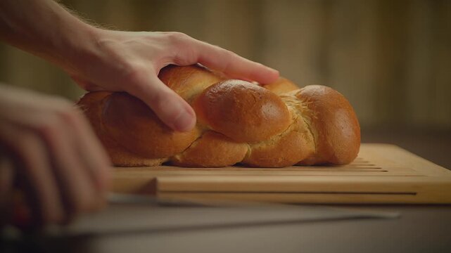 A fresh loaf of homemade challah bread is being delicately sliced on a wooden cutting board